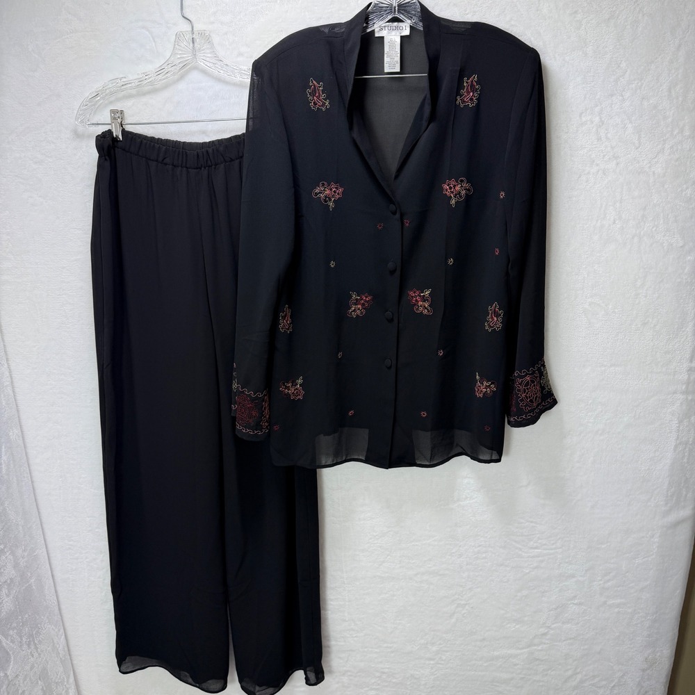 Studio I Womens 3 Piece Pant Suit 14 Black Embroidered Chiffon Jacket Tank Pants